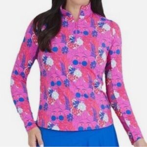 IBKUL Pink and Blue Floral Long Sleeve Top 1/4 zip Mesh Golf Tennis NWT XS Sun